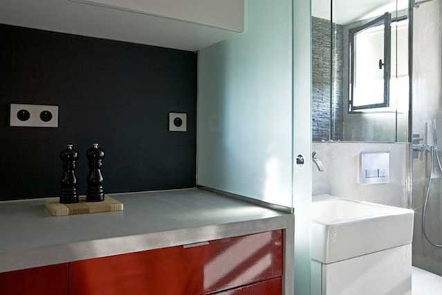 Micro Apartment in Paris kitchen table and bathroom