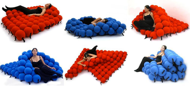 6 images of a woman sitting and lying down on blue and red Feel Seating deluxe by Animi Causa
