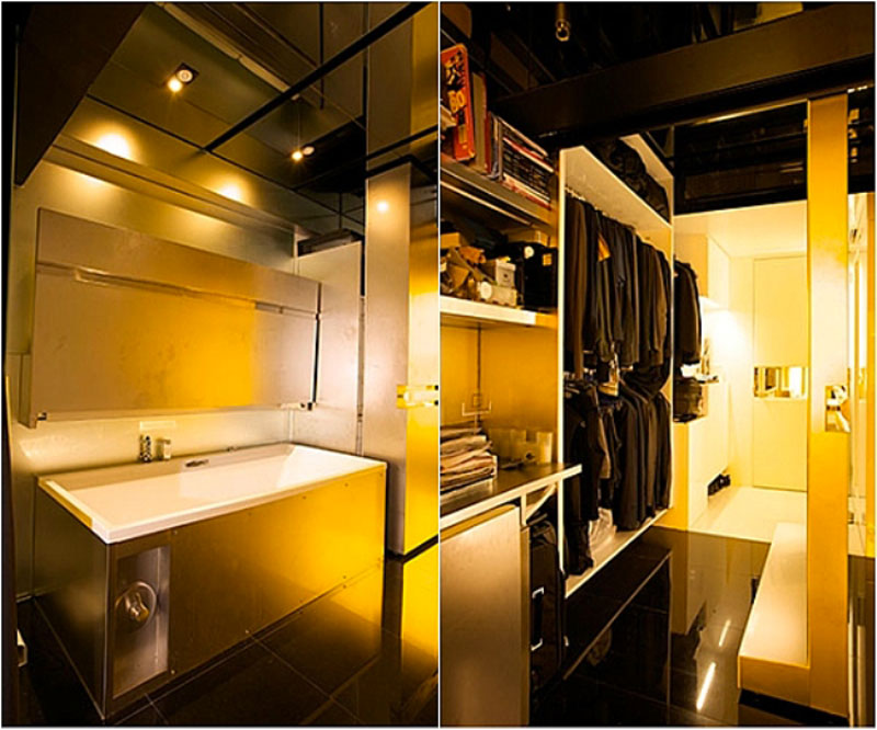 bath tub and walk in closet in a micro apartment in Hong Kong