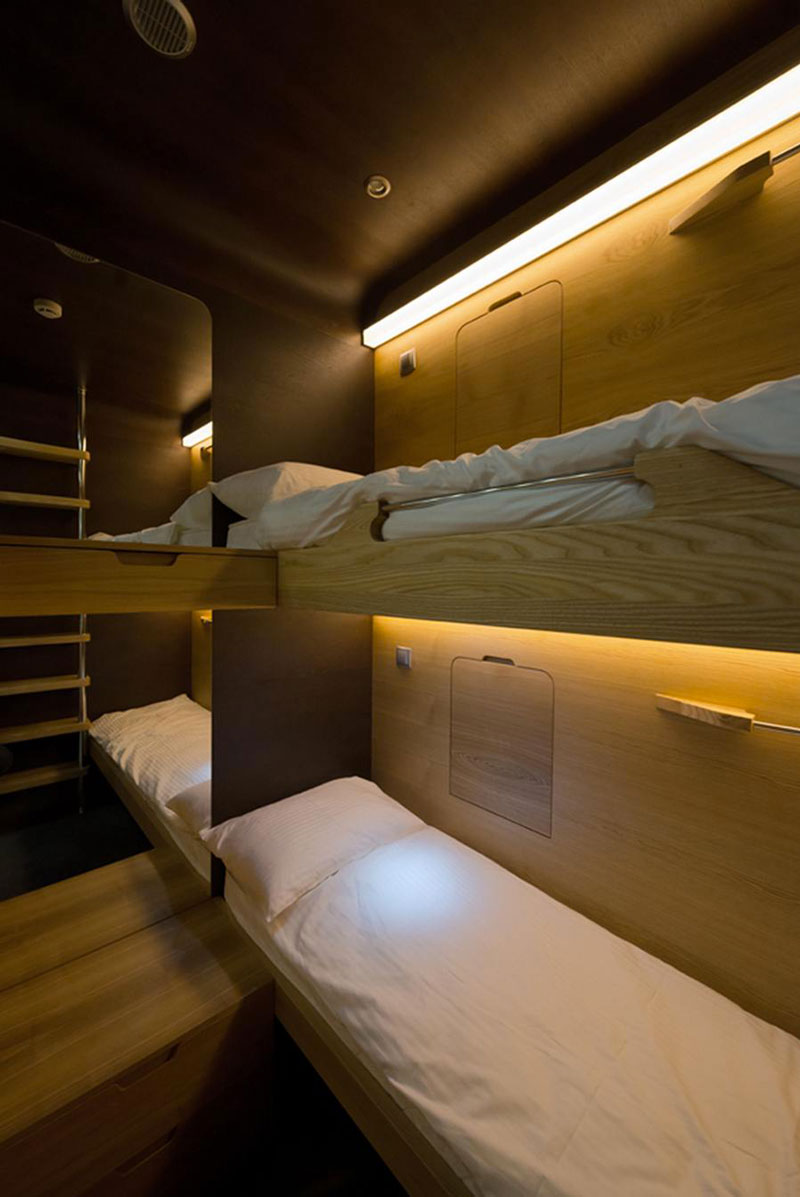 Interior view of a bunk bed in the Sleepbox Mobile Hotel in Tverskaya