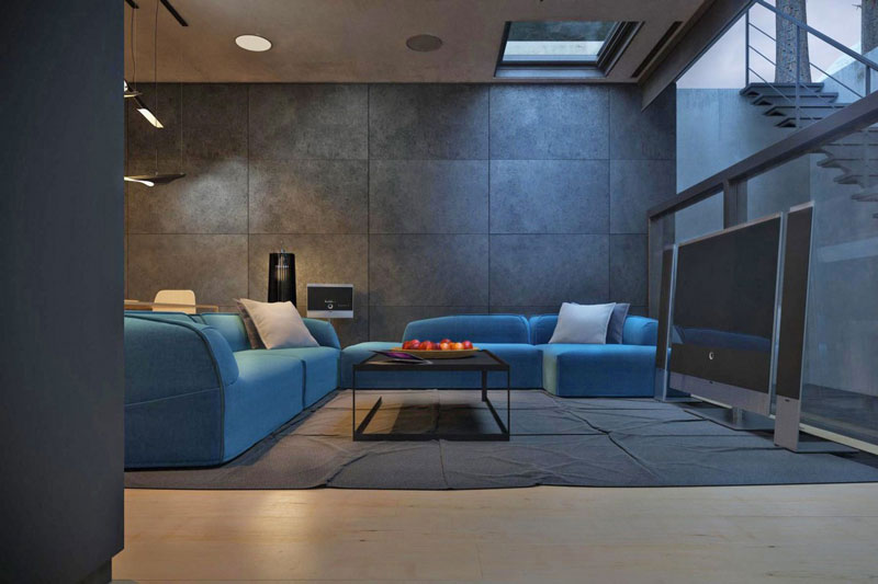 Blue sofa and Interior design of the living room at the Chair House by Igor Sirotov