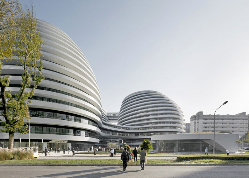 Exterior view during the day of the Galaxy SOHO Complex in Beijing designed by Zaha Hadid