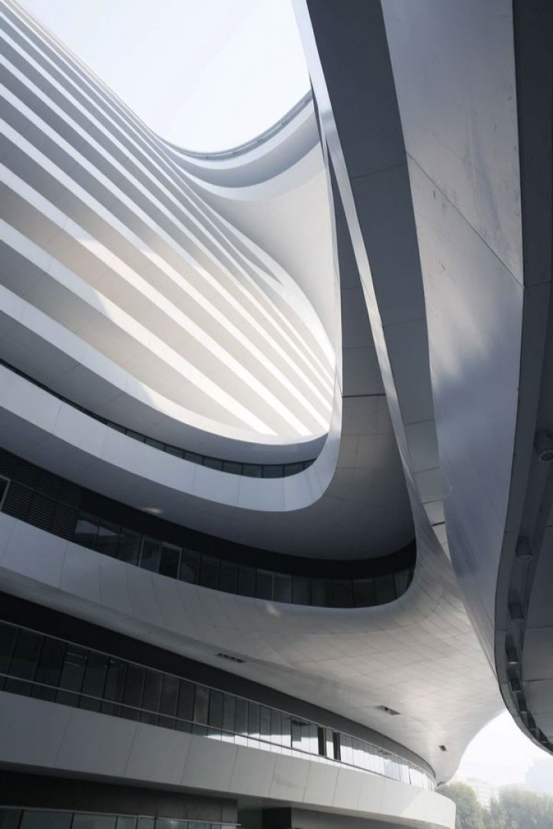 Lines and shapes of the exterior architecture at the Galaxy SOHO Complex in Beijing designed by Zaha Hadid