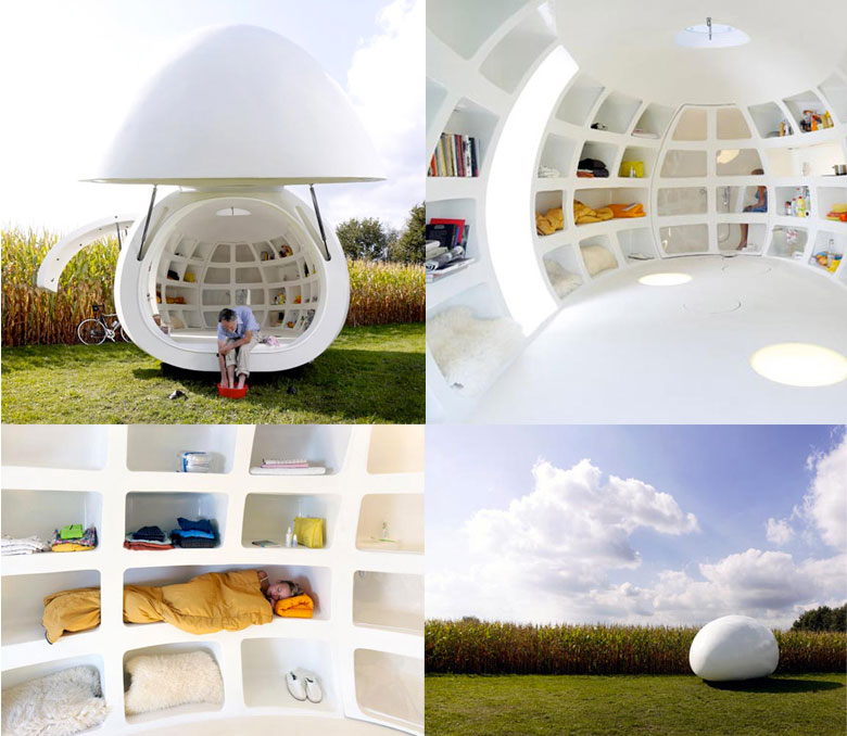 Collage of 4 images of the blob VB3 Mobile Living Pod by dmvA Architects