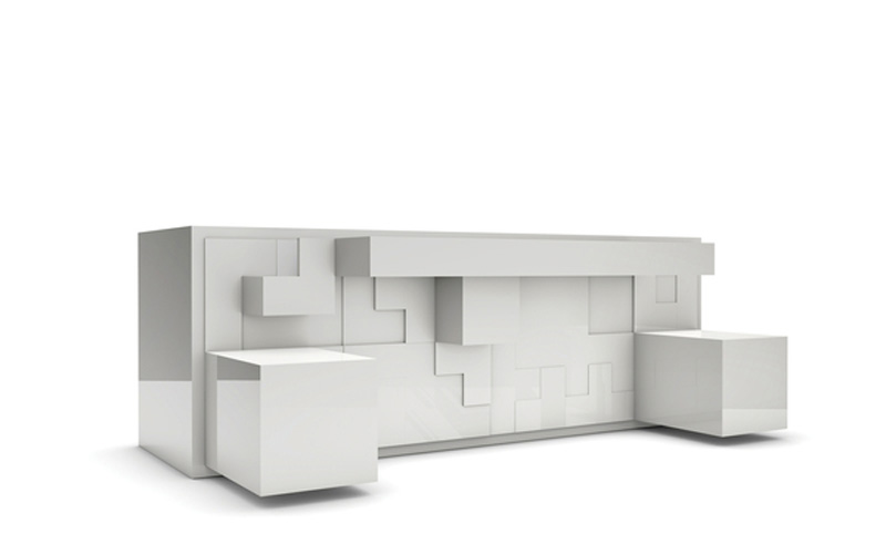 Tetris pieces sticking out of the White Tatris Furniture by Pedro Machado