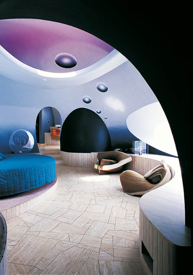 Interior design of a room at the palais bulles, palace of bubbles Pierre Cardin house by antti lovag in Cannes