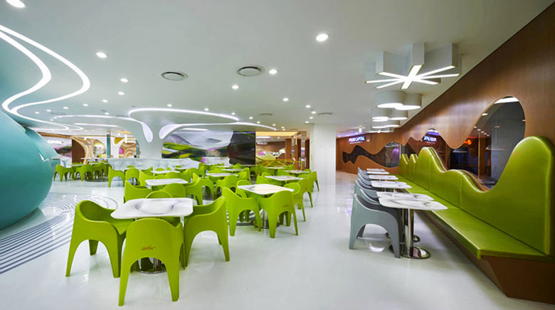 White floors and ceiling at the Amoje Food Capital in Lotte Shopping Mall by Karim Rashid