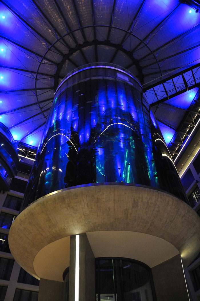 View from the ground of the Aquadom Aquarium at the Raddison Blu in Berlin