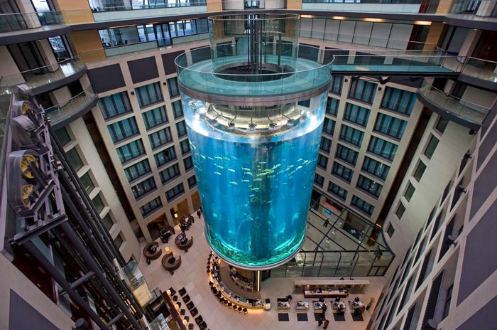 Aerial view of the Aquadom Aquarium at the Raddison Blu in Berlin