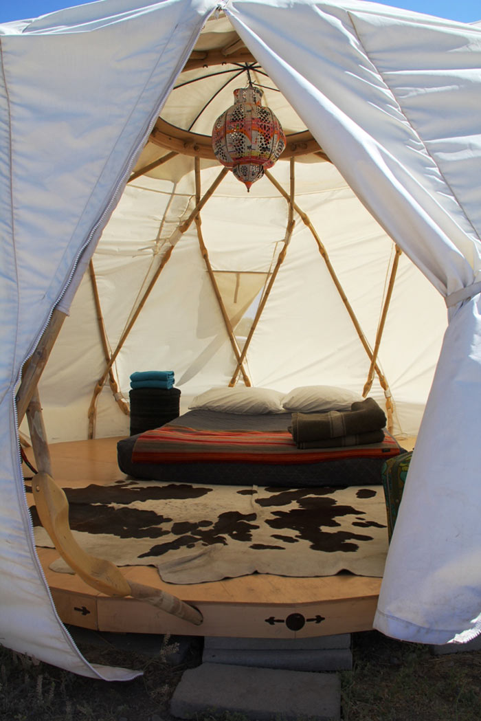 Inside a tent at El Cosmico in Marfa, Texas