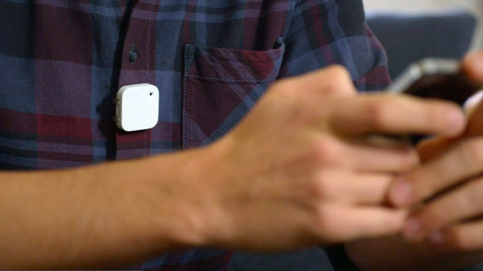 Memoto Wearable Camera and GPS clipped to a shirt