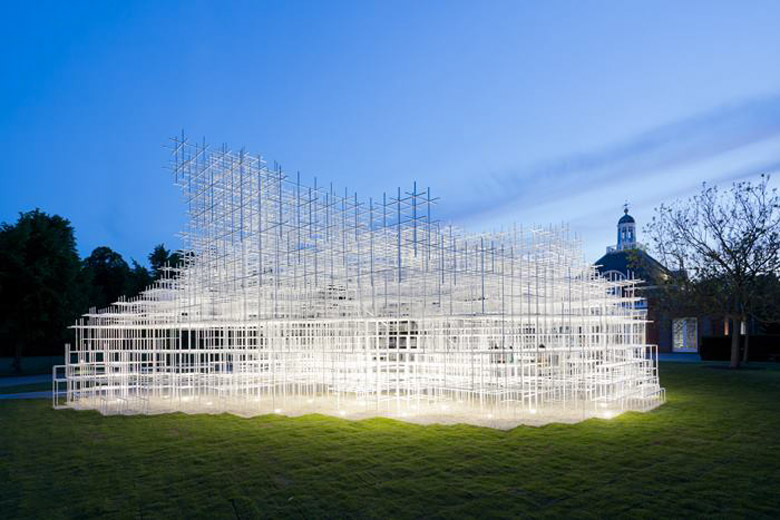 Serpentine Gallery Pavilion during the evening by Sou Fujimoto and UVA