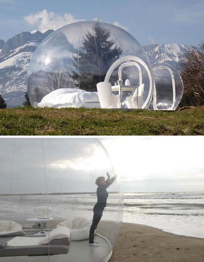 Bubble Hotel Made of Transparent Tents placed on a beach