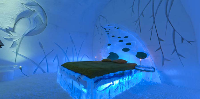 Bedroom design at the Hotel de Glace, An Ice Hotel Quebec City, Canada