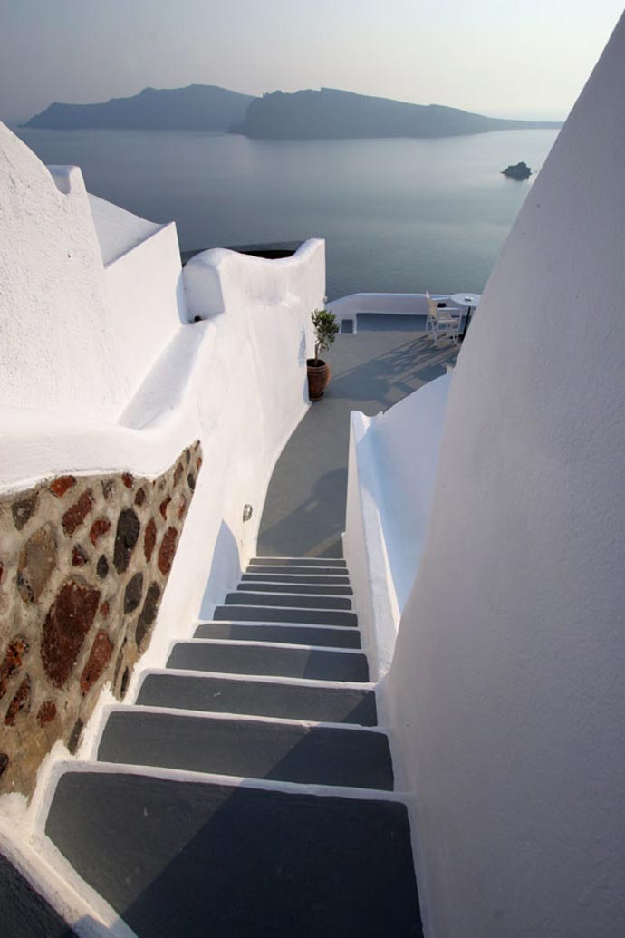 Stairs leading downstairs at the Ikies Traditional Houses in Santorini