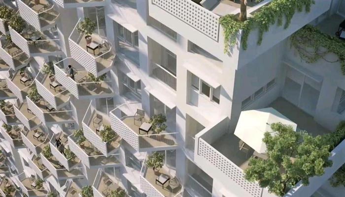 Apartment balconies at the Sky Habitat Condominiums in Singapore Safdie Architects