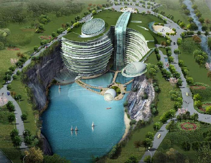 Render of Waterworld Hotel in Songjiang Quarry in China