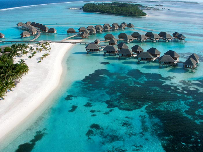 Aerial view of the water bungalows at Club Med Kani Family Resort in The Maldives