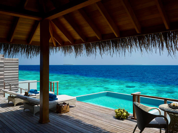 View of the sea from a beach hut at Dusit Thani Maldives Resort in Baa Atoll