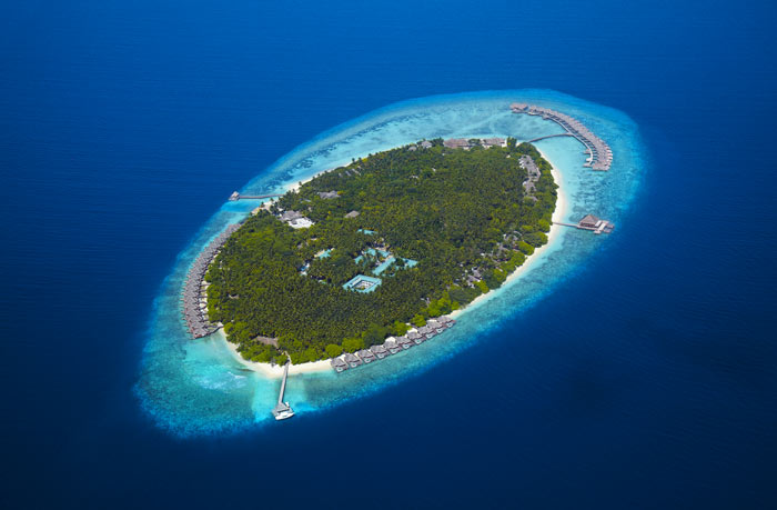 Aerial view of Dusit Thani Maldives Resort in Baa Atoll