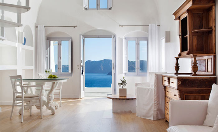 Interior design of a room at Katikies Hotel in Santorini