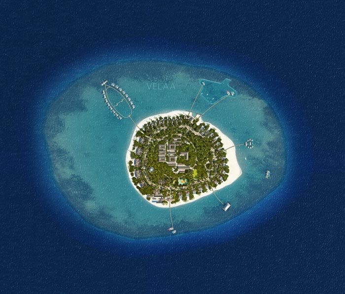 Aerial view of Velaa Private Island Resort in The Maldives