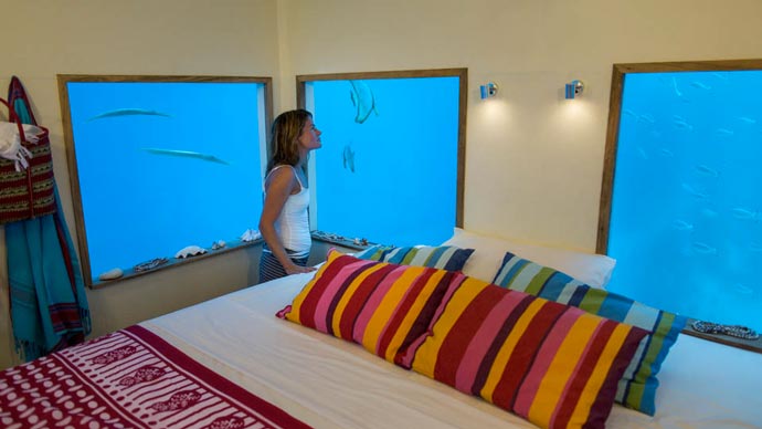 Interior design of the underwater room at Manta Resort in Zanzibar