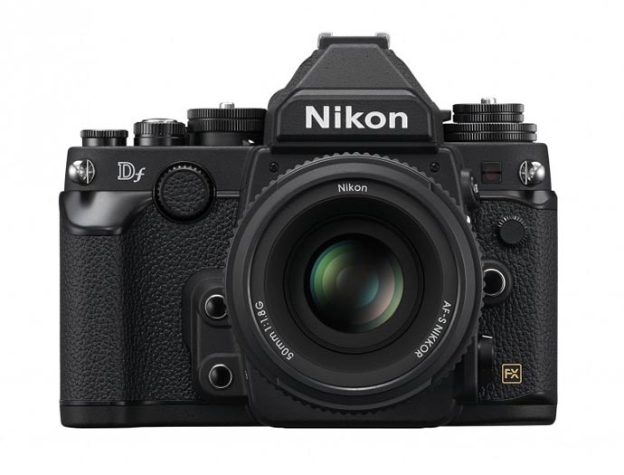 Front view of the lens and body of a black Nikon Df FX-Format Camera