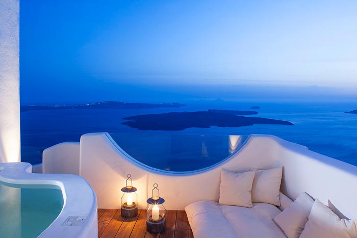 Scenery of the sea and mountains from Native Eco Villa in Santorini Greece