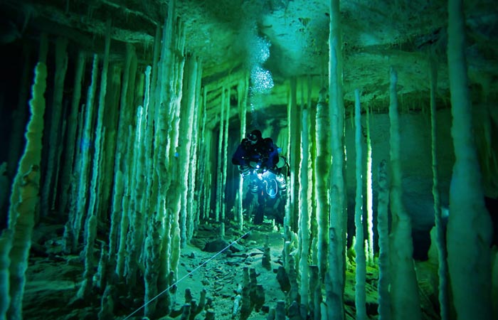 Underwater stalagmites at Great Blue Hole in Belize