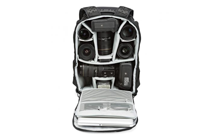 Compartments of the Lowepro Pro Tactic 450 AW camera backpack