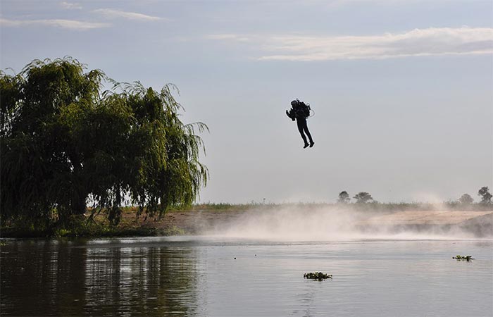 A guy trying out JB-9 Personal Jetpack 