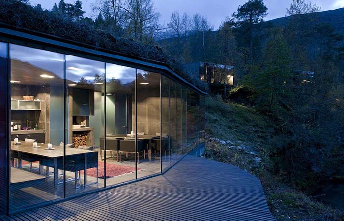 Glass windows and the look on Norway's Juvet Landscape Hotel dining room 