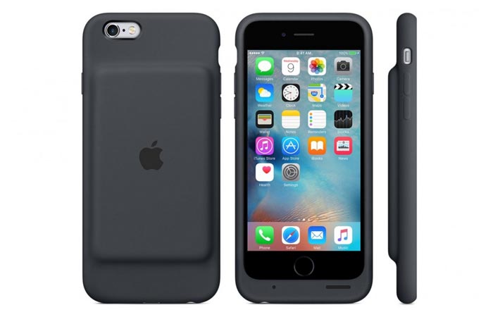 iPhone 6s in Smart Battery Case in white and charcoal gray, back and front view.