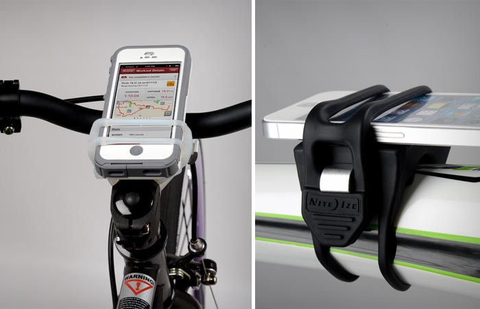 A smartphone attached to a bicycle via HandleBand, horizontally and perpendicularly. Gray background.