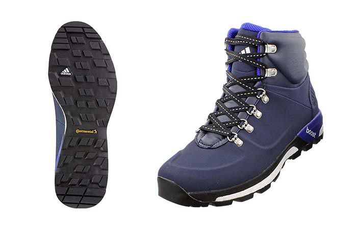 The Boost Urban Hiker Boots by Adidas , navy black, bottom and side view.