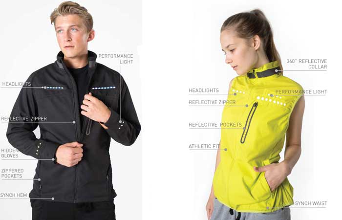Lumenous commuter Coat, black, worn by a man, with features mapped out, and yellow Performance vest worn by a woman, with features, on a white background.