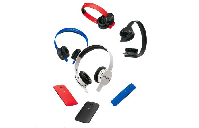 1430-00 Tracks Air Wireless On-Ear Headphones by Sol Republic, all colors, along with smartphones, spread around on a white background.