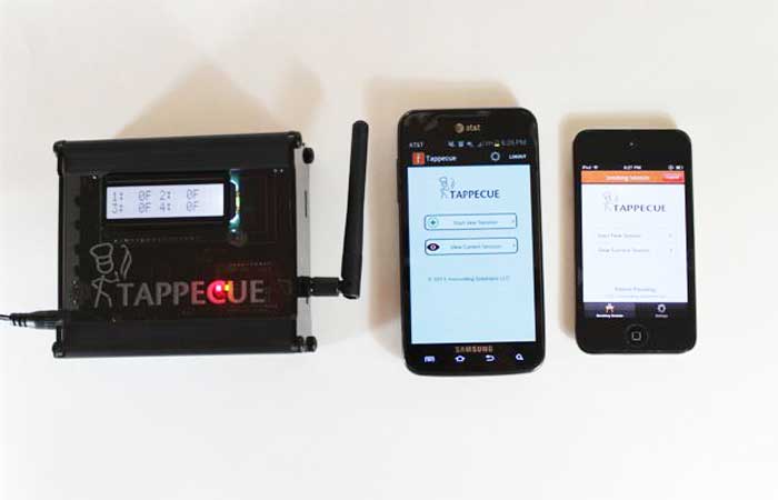 Tappecue device and two smartphones on a white background.
