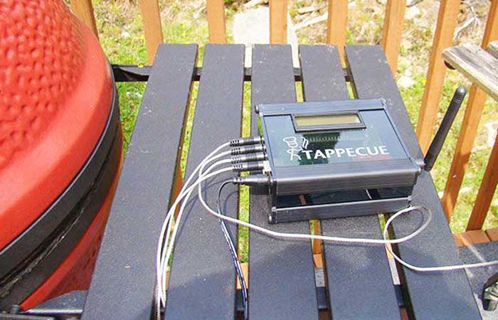 Tappecue device on a bench outside, with probes cables plugged in.