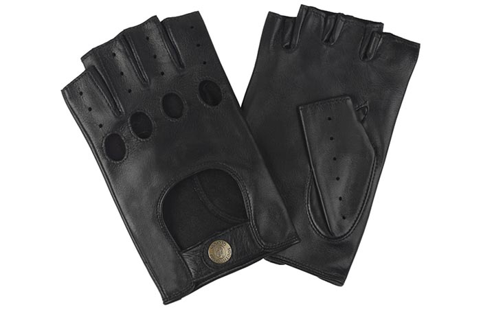 Men's Unlined Fingerless Leather Driving Gloves by Stirling, black, on a white background.