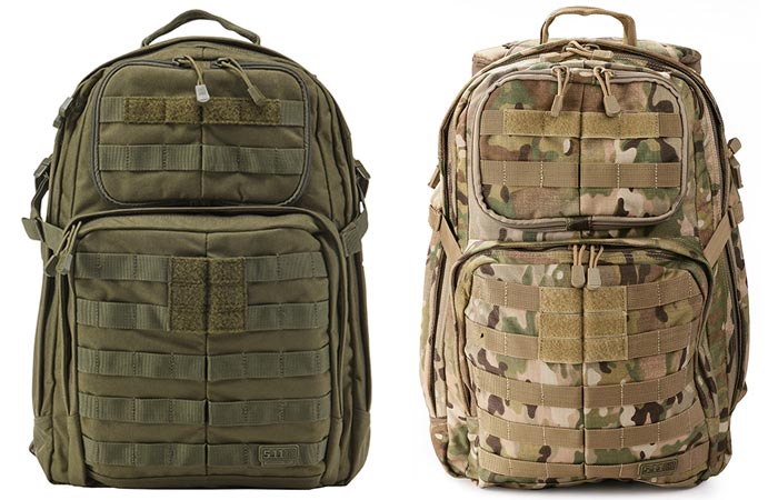 5.11 Rush 24 Tactical Backpacks, OD (olive) and Multicam, front view, on a white background. 