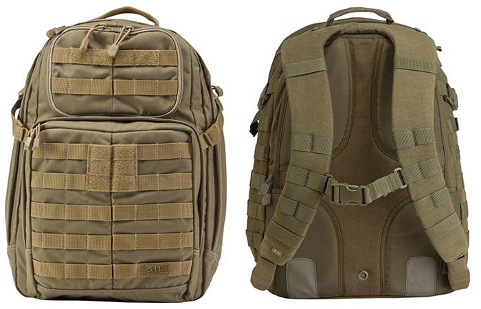 5.11 Rush 24 Tactical Backpack, Sandstone, front and back view, on a white background.