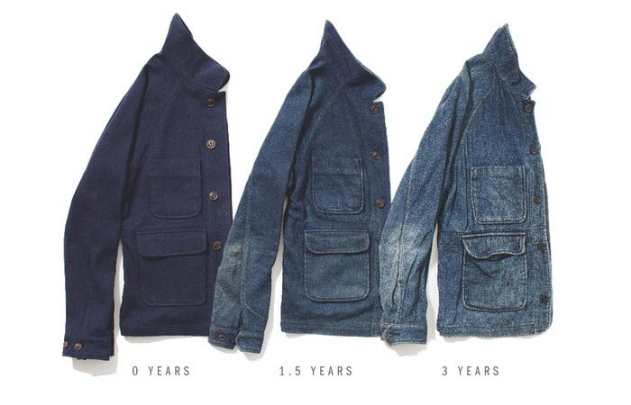 Apolis Wool Chore Jacket, color fading process over the years, three halves of the jacket, on a white background.