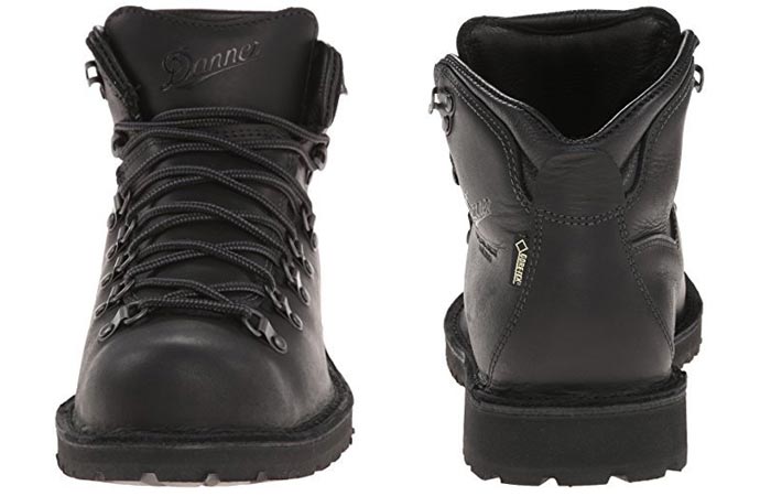 Danner Men's Mountain Pass Boots, Charcoal Black, front and back view, on a white background.