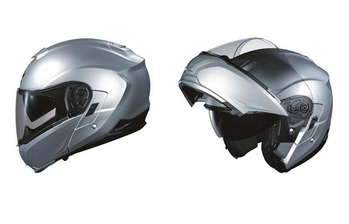 Kabuto Modular Adult Ibuki Cruiser Motorcycle Helmet, silver, side view, closed and open, on a white background.