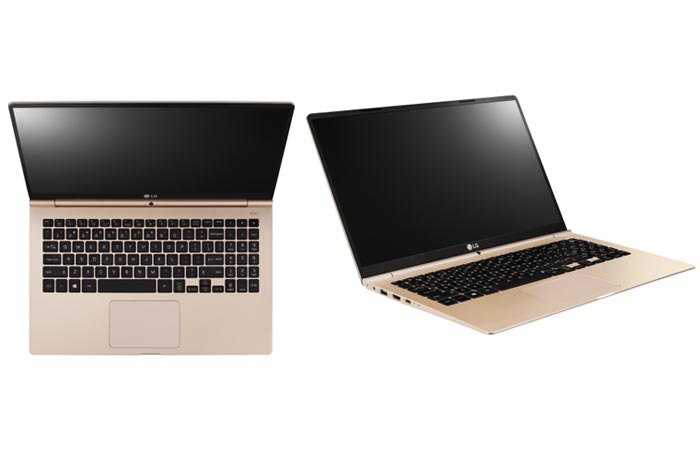Two LG Gram 15” Laptops on a white background, upper and tilted view, open.