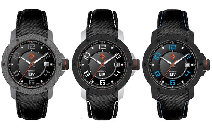 Three LIV Genesis X1A watches, with black casings and different hands and index colors. On a white background.