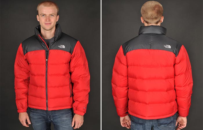A man in red jacket photographed from the front and back. 