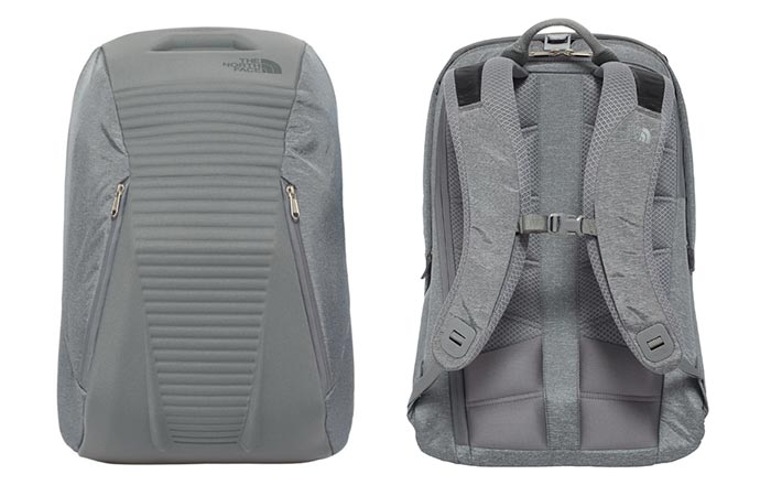 Two North Face Access Packs, grey, closed, front and back view, on a white background.